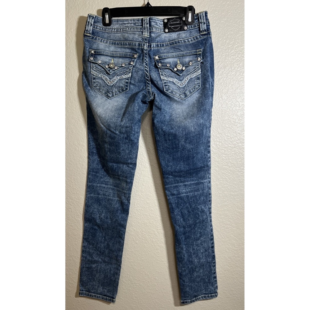 Harley Davidson Womens Bootcut Jeans Blue Wash Embroidered Bling Pockets Size 8 - Picture 3 of 9